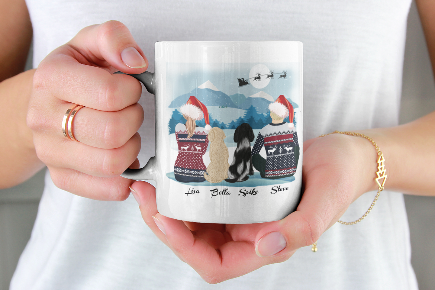 Buddyprintz mug Christmas personalised couple with 2 dogs dog